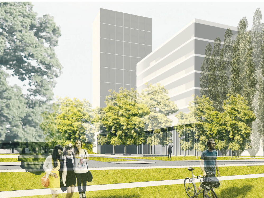 1. Preis - Visualisierung: Blick vom Roonplatz auf Campanile und Handwerkskammer (Quelle: Kollmann Architekten, Latz + Partner, Schweitzer Ingenieure) 1. Preis - Visualisierung: Blick vom Roonplatz auf Campanile und Handwerkskammer (Quelle: Kollmann Architekten, Latz + Partner, Schweitzer Ingenieure)