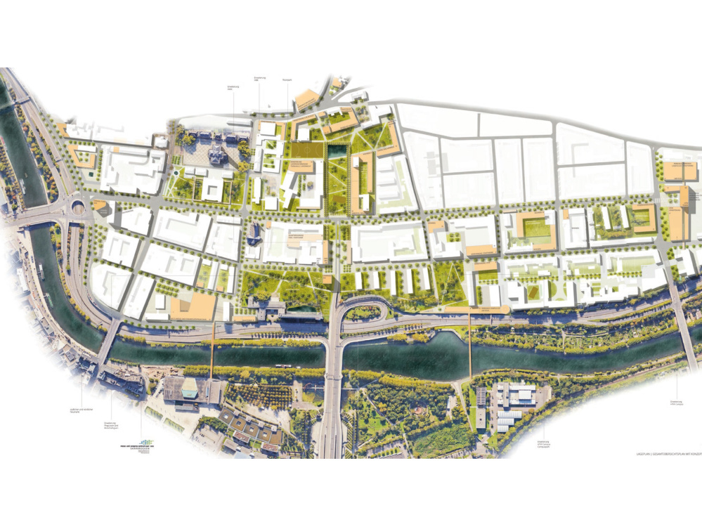 1. Preis - Lageplan aus dem Sieger-Entwurf (Quelle: Kollmann Architekten, Latz + Partner, Schweitzer Ingenieure) 1. Preis - Lageplan aus dem Sieger-Entwurf (Quelle: Kollmann Architekten, Latz + Partner, Schweitzer Ingenieure)