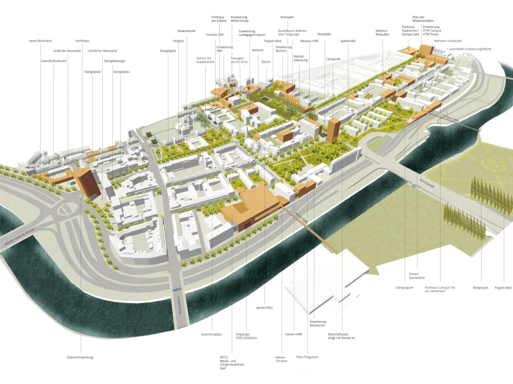 1. Preis - Lageplan mit Beschriftung (Quelle: Kollmann Architekten, Latz + Partner, Schweitzer Ingenieure) 1. Preis - Lageplan mit Beschriftung (Quelle: Kollmann Architekten, Latz + Partner, Schweitzer Ingenieure)