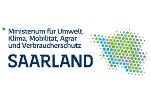 Die Form des Saarlandes in grünen und blauen Punkten. Daneben der Text: Ministerium für Umwelt, Klima, Mobilität, Agrar und Verbraucherschutz.