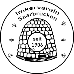Bienenkorb schwarz auf weißem Hintergrund umgeben von Bienen. In der Mitte "Seit 1906"
